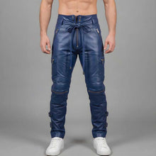 Men's Blue Cowhide Leather Cargo Pants Handmade Biker Gothic Style