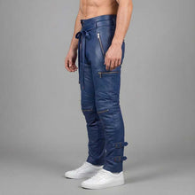 Men's Blue Cowhide Leather Cargo Pants Handmade Biker Gothic Style