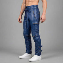 Men's Blue Cowhide Leather Cargo Pants Handmade Biker Gothic Style