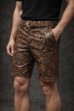 Mens Brown Snake Print Faux Leather Slim Fit Shorts
