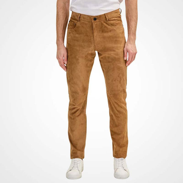 Men's Camel Suede Fitted Pants