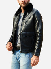 Jasper Aviator Flight Shearling Black Leather Jacket