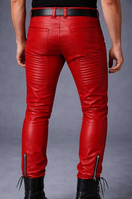 Mens Red Slim Fit Biker Leather Pants