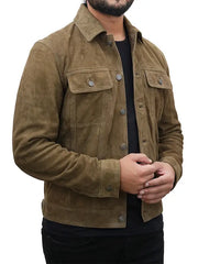 Corey Olive Green Suede Trucker Jacket