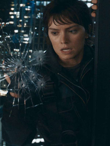 Daisy Ridley Cleaner Blue and Black Jacket
