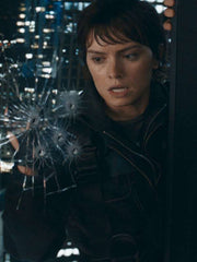 Daisy Ridley Cleaner Blue and Black Jacket