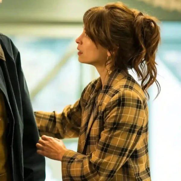 Kristin Kreuk Murder in a Small 2024 Plaid Coat