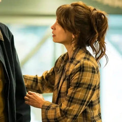 Kristin Kreuk Murder in a Small 2024 Plaid Coat