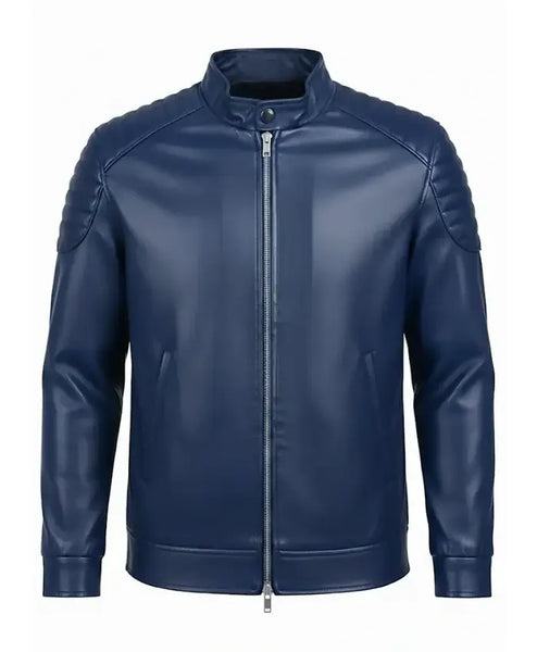 Navy Blue Slim Fit Premium Leather Biker Jacket
