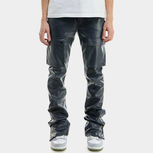 Navy Blue Leather Cargo Pants for Men