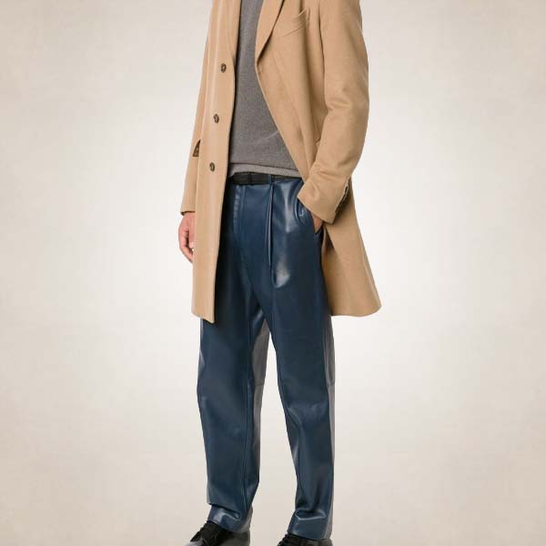 Men's Navy Blue Pleated Leather Pants
