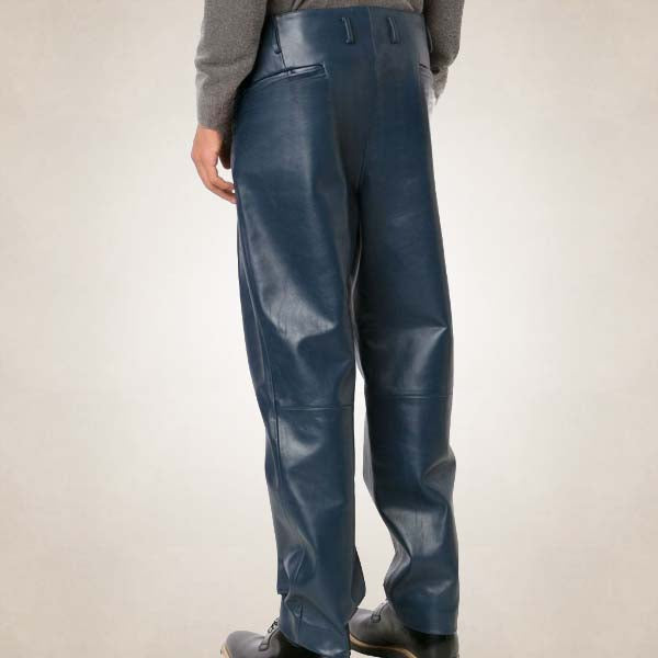 Men's Navy Blue Pleated Leather Pants