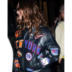 Hailey Bieber New York Knicks leather jacket