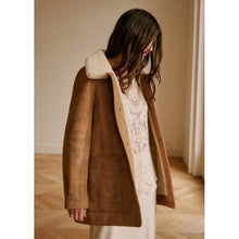 Niamh Algar Playing Nice 2025 Camel Suede Coat