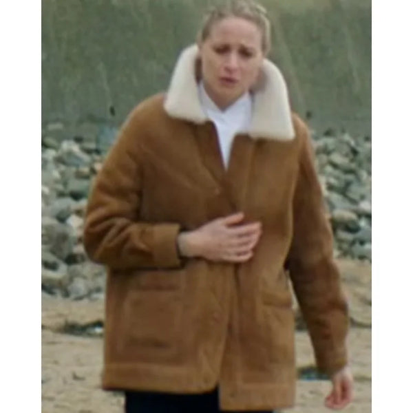 Niamh Algar Playing Nice 2025 Camel Suede Coat