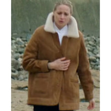 Niamh Algar Playing Nice 2025 Camel Suede Coat