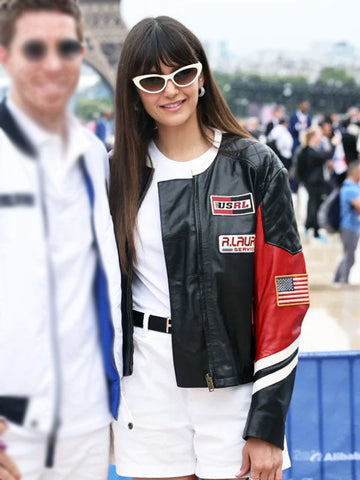 Nina Dobrev Paris Olympics 2024 Leather Jacket