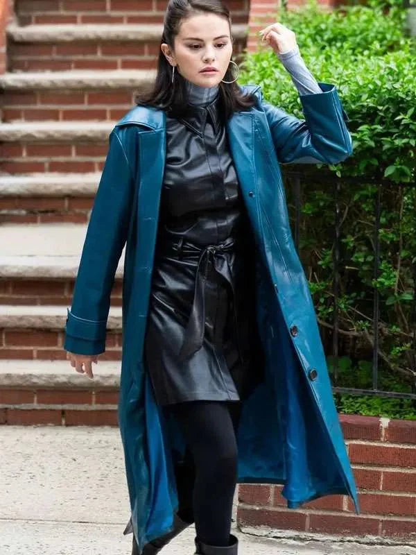 Selena Gomez 2025 Blue Leather Coat