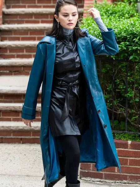 Selena Gomez 2025 Blue Leather Coat