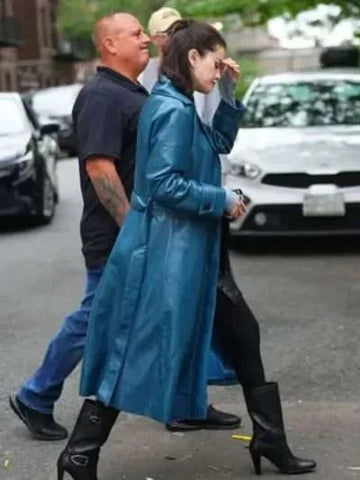 Selena Gomez 2025 Blue Leather Coat