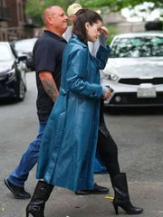 Selena Gomez  Blue Leather Coat