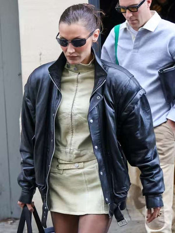 Bella Hadid PFW 2024 Black Leather Jacket