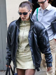 Bella Hadid PFW 2024 Black Leather Jacket