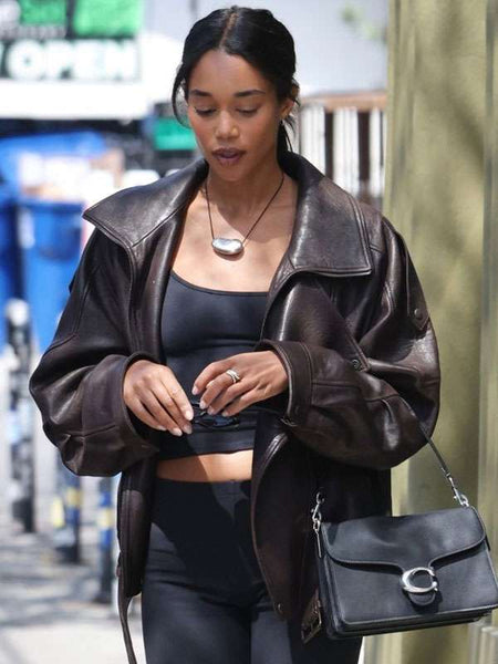 Laura Harrier Oversized Biker Leather Jacket