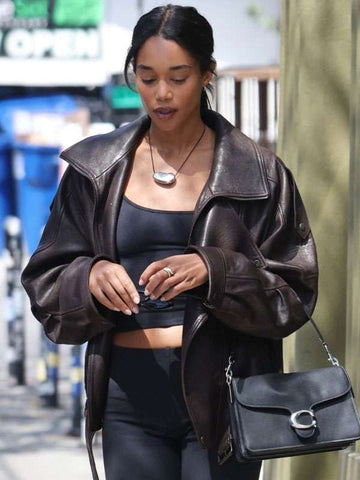 Laura Harrier Oversized Biker Leather Jacket