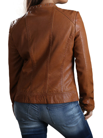 Ofeliya Tan Brown Perforated Leather Motorcycle Jacket