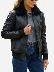 Ginny Shearling Black Bomber Leather Jacket