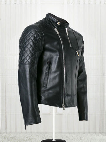 Quilt Sleeved Black Leather Jacket