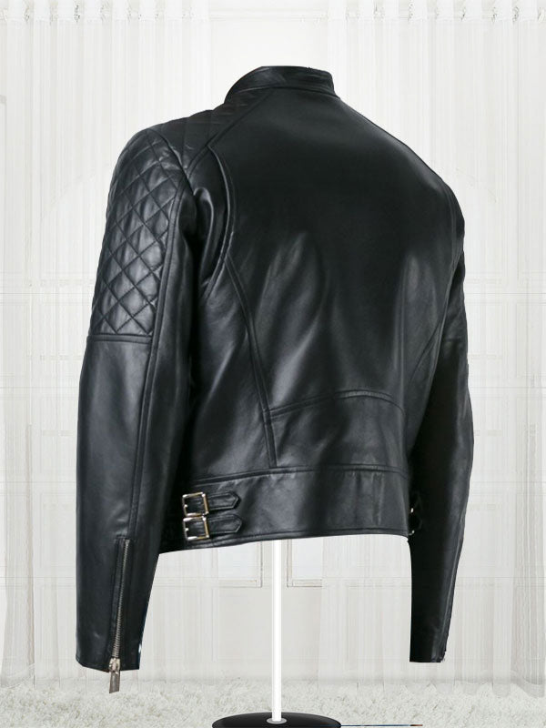 Quilt Sleeved Black Leather Jacket