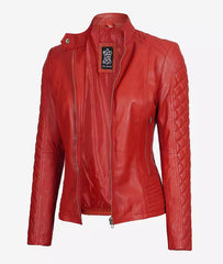 Biker Quilted Leather Jacket Women, Red