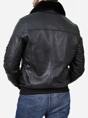 Men Black Shearling Collar Bomber Leather Jacket