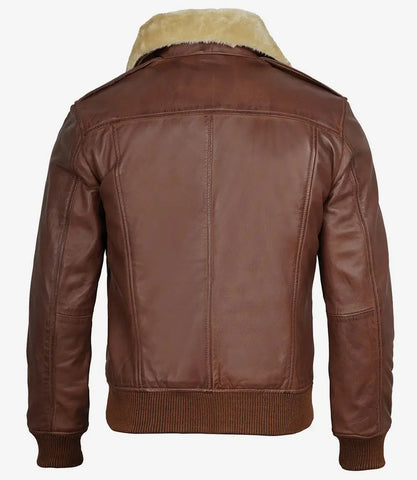 Garrett Fur Collar Cognac Brown Bomber Leather Jacket