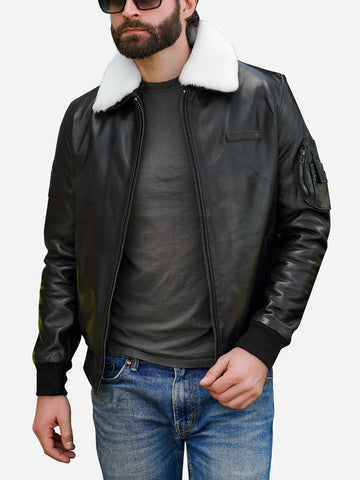 Steven Black Sheepskin Leather Bomber Jacket