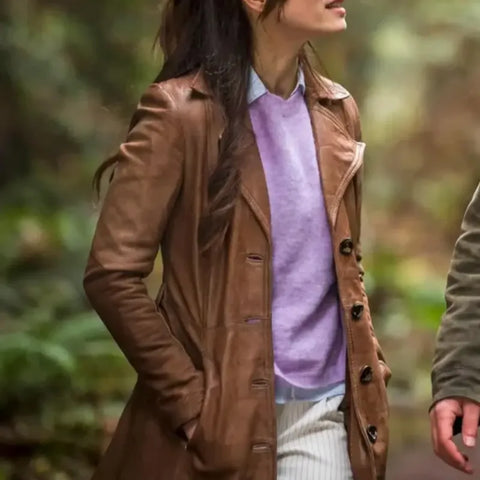 Murder in a Small Kristin Kreuk Brown Leather Trench Coat