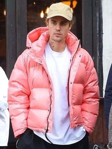 Singer Justin Bieber Pink Puffer Jacket