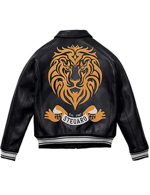 Stegaro Black Embroidered Leather Varsity Jacket