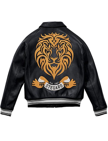 Stegaro Black Embroidered Leather Varsity Jacket