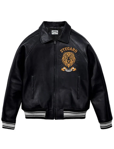 Stegaro Black Embroidered Leather Varsity Jacket
