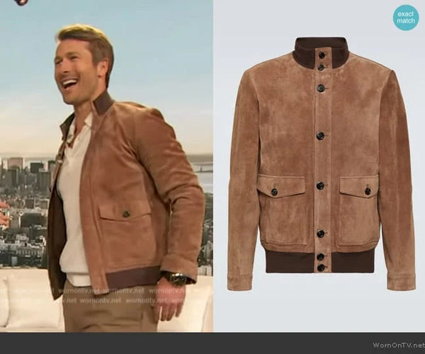 Glen Powell’s brown suede jacket on The Drew Barrymore Show