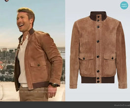 Glen Powell’s brown suede jacket on The Drew Barrymore Show