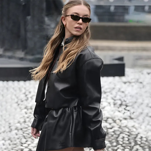 Sydney Sweeney Paris Fashion Week Leather Jacket