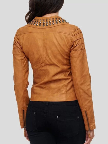 Women's Brown Studded Biker Leather Jacket