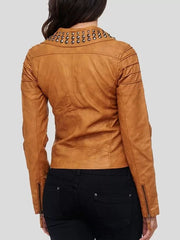 Women's Brown Studded Biker Leather Jacket