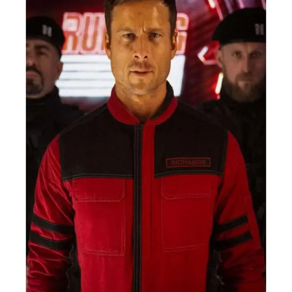 The Running Man Glen Powell Red Jacket