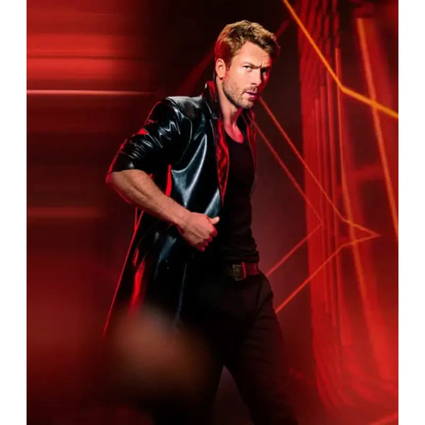 Glen Powell The Running Man Black Leather Coat