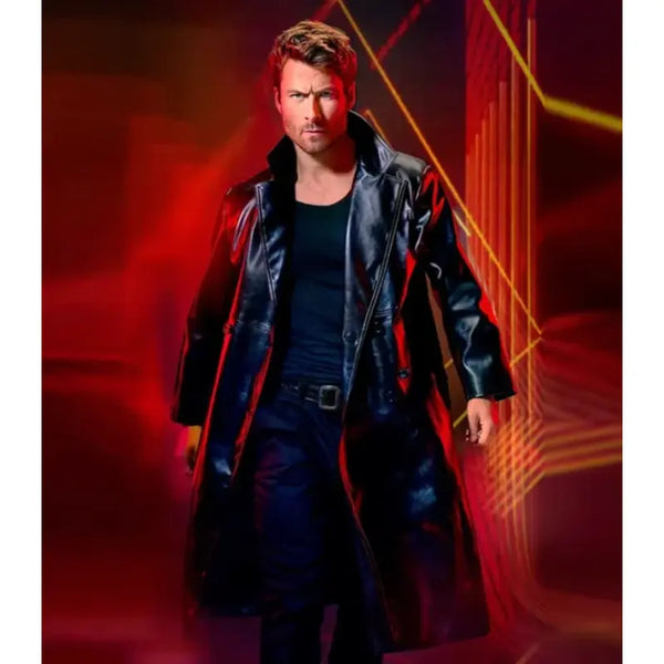 Glen Powell The Running Man Black Leather Coat
